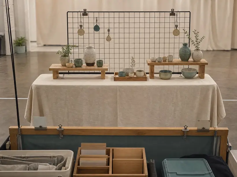 Vendor-side photo of a handmade market booth layout with display backs, table spacing, and product zones.